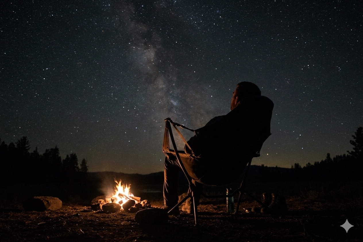 星空の下、焚き火のそばのキャンプチェアに座って空を見上げる人のシルエット