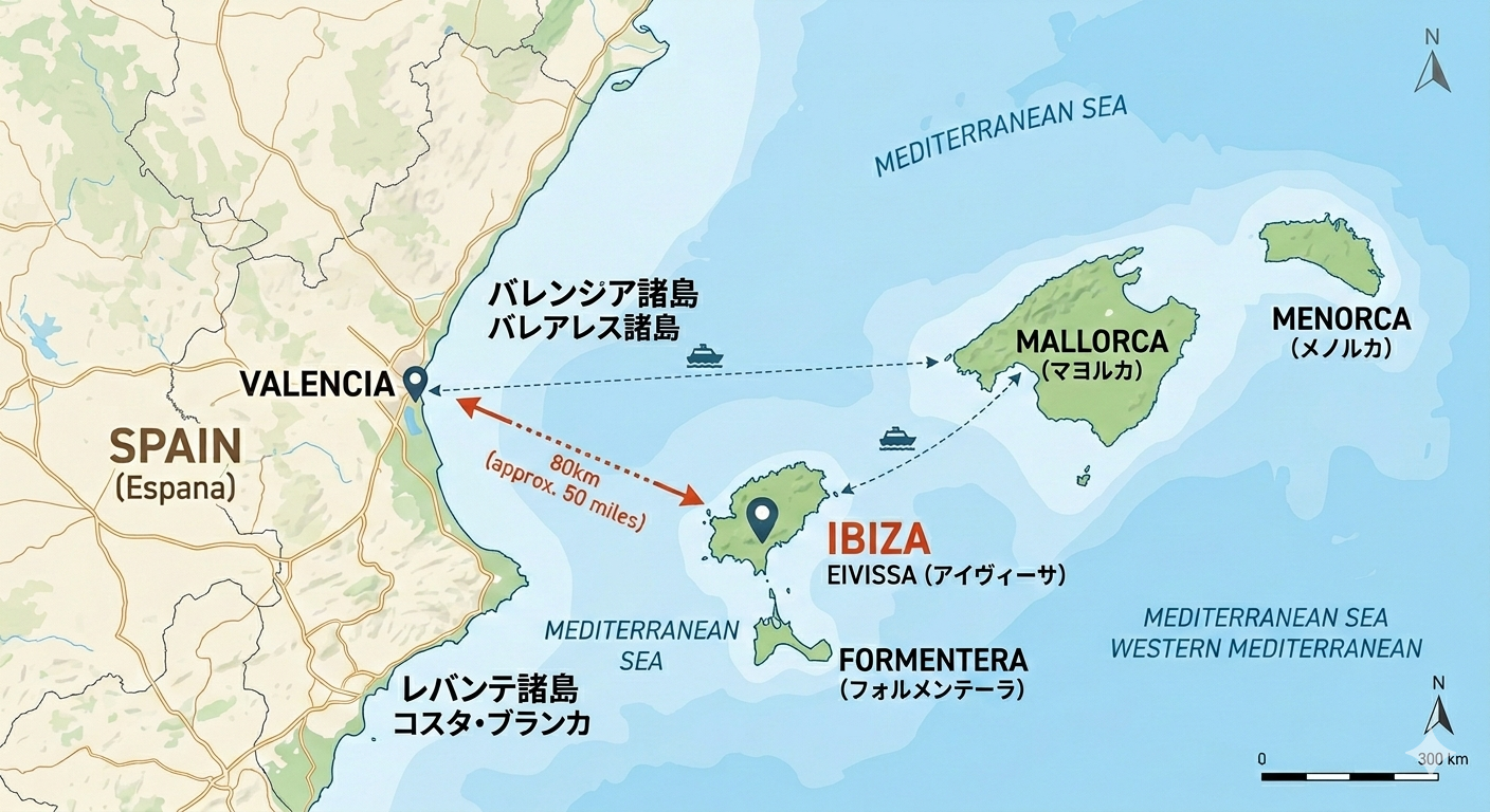 バレアレス諸島とイビサの位置を示す地図