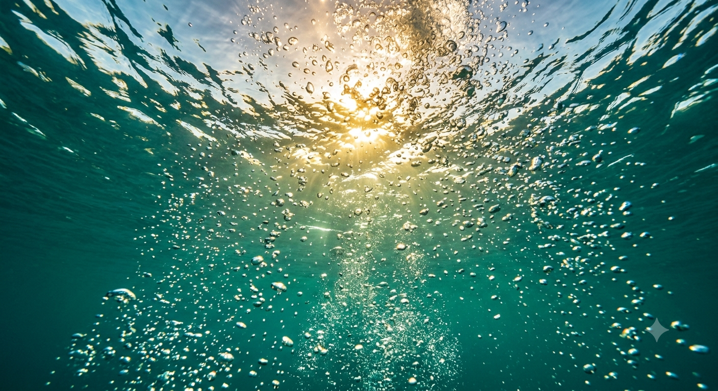 海中から見上げた太陽と、水面へ立ちのぼる泡