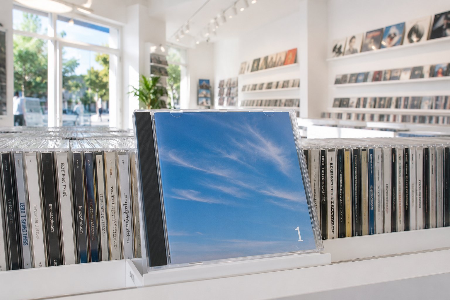 レコードショップの棚に立つ、青空のジャケットのCDのイメージ（AI生成）
