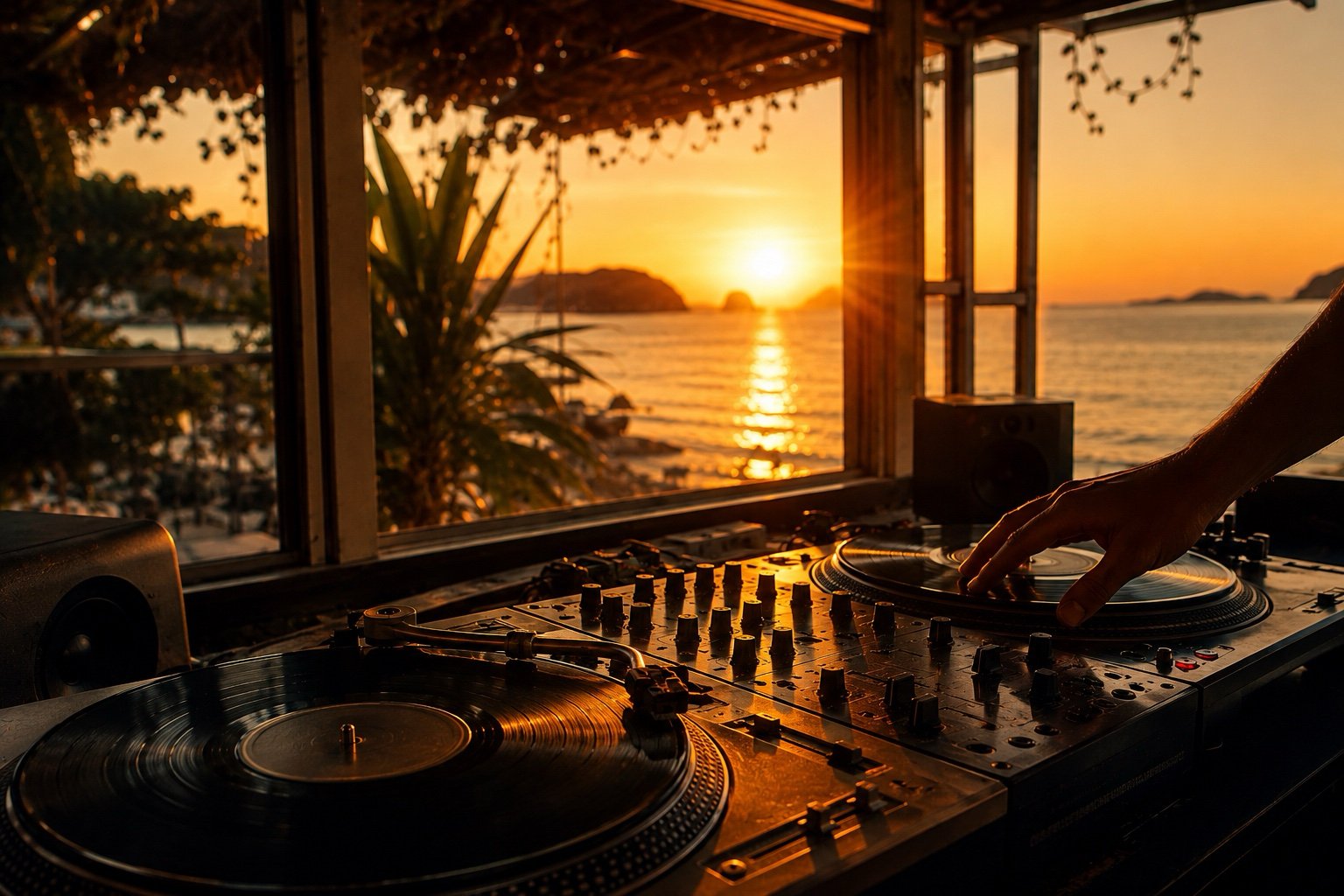 夕陽の海辺を望むDJブースでレコードを操作する手元のイメージ（AI生成）